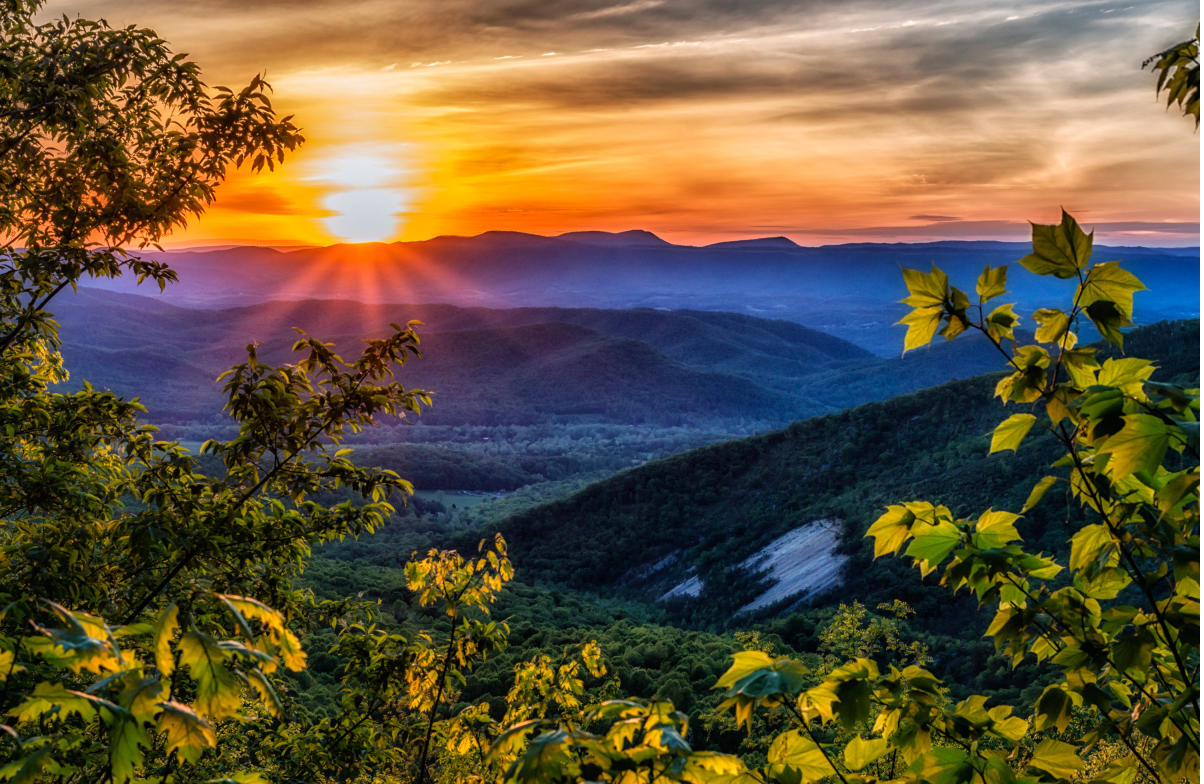 Sunset over the layered ridgelines of the North Georgia Blue Ridge mountains